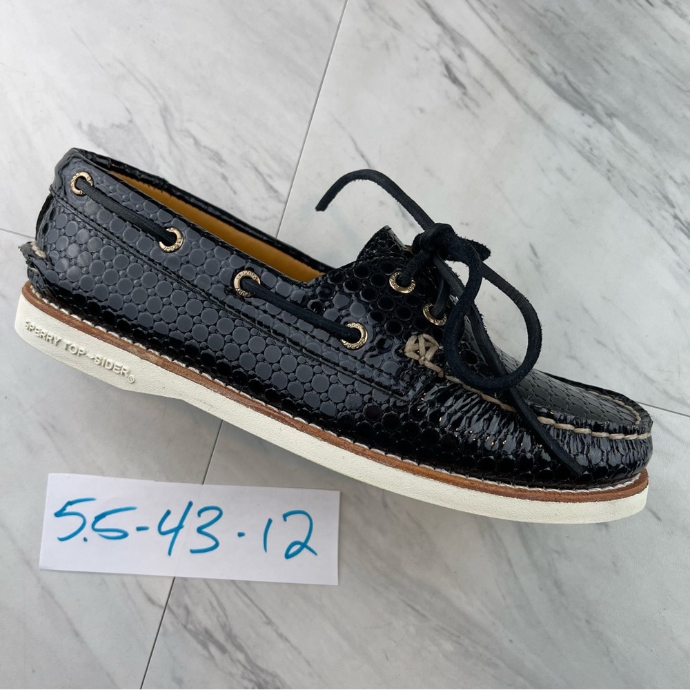 •SPERRY Top Sider GOLD CUP Boat Loafer Shoes Embossed Black Women 5.5 | STS95772